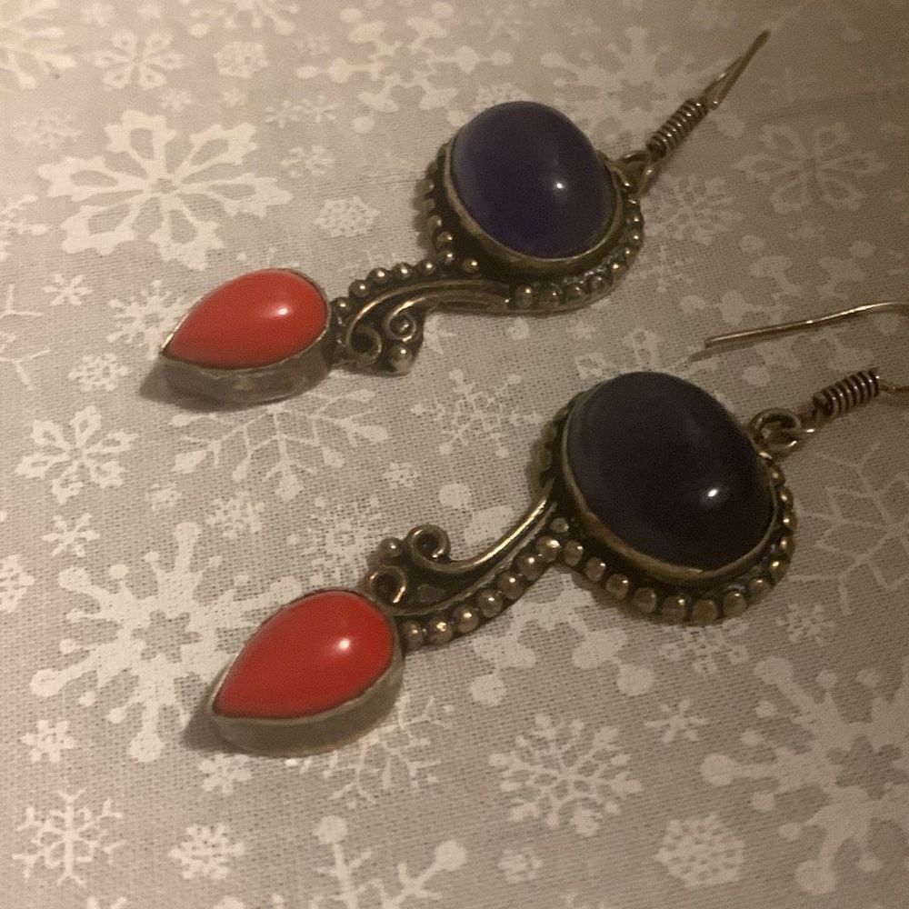 Sterling Silver 925 Blue Orange‎ Coral Drop Earrings Pierced